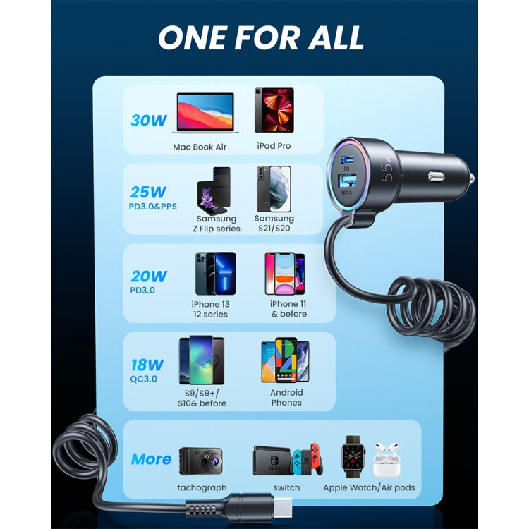 JOYROOM JR-CL07 3 in 1 72W PD USB-C / Type-C + USB Interface Car Charger with USB-C / Type-C Spring Data Cable, JR-CL07