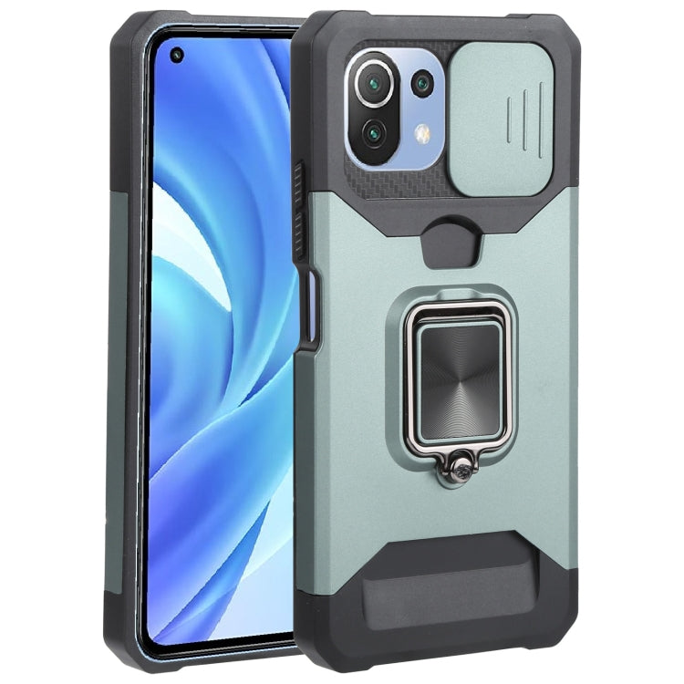 Sliding Camera Cover Design PC + TPU Shockproof Phone Case with Ring Holder & Card Slot, For Xiaomi Mi 11 Lite