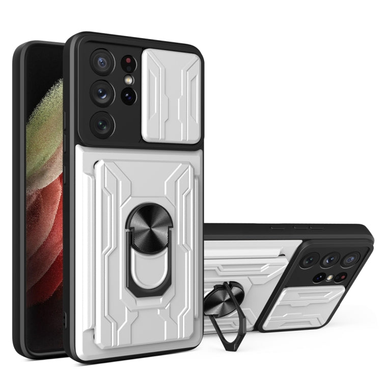 Camera Cover Phone Case with Card Slot & Holder, For Samsung Galaxy A02 / M02, For Samsung Galaxy A32, For Samsung Galaxy S20 FE, For Samsung Galaxy S20+, For Samsung Galaxy S21 Ultra 5G, For Samsung Galaxy A02s EU Version
