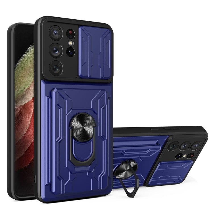 Camera Cover Phone Case with Card Slot & Holder, For Samsung Galaxy A02 / M02, For Samsung Galaxy A32, For Samsung Galaxy S20 FE, For Samsung Galaxy S20+, For Samsung Galaxy S21 Ultra 5G, For Samsung Galaxy A02s EU Version