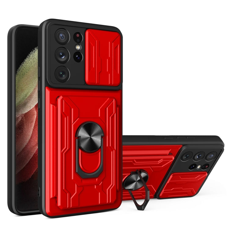 Camera Cover Phone Case with Card Slot & Holder, For Samsung Galaxy A02 / M02, For Samsung Galaxy A32, For Samsung Galaxy S20 FE, For Samsung Galaxy S20+, For Samsung Galaxy S21 Ultra 5G, For Samsung Galaxy A02s EU Version