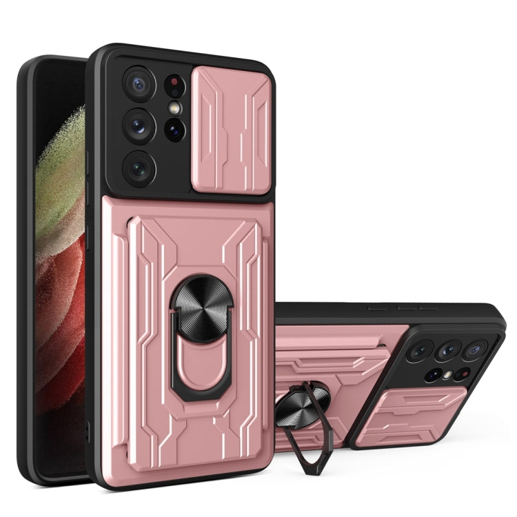 Camera Cover Phone Case with Card Slot & Holder, For Samsung Galaxy A02 / M02, For Samsung Galaxy A32, For Samsung Galaxy S20 FE, For Samsung Galaxy S20+, For Samsung Galaxy S21 Ultra 5G, For Samsung Galaxy A02s EU Version