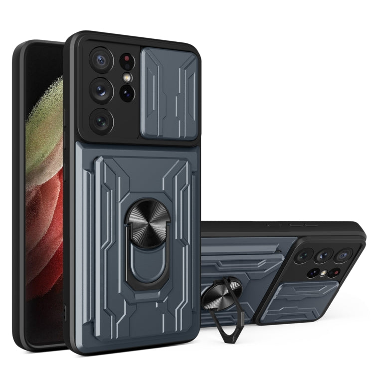 Camera Cover Phone Case with Card Slot & Holder, For Samsung Galaxy A02 / M02, For Samsung Galaxy A32, For Samsung Galaxy S20 FE, For Samsung Galaxy S20+, For Samsung Galaxy S21 Ultra 5G, For Samsung Galaxy A02s EU Version