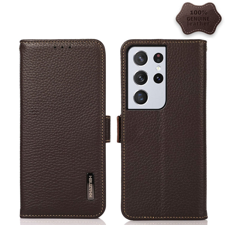 KHAZNEH Side-Magnetic Litchi Genuine Leather RFID Phone Case, For Samsung Galaxy S21 Ultra 5G, For Samsung Galaxy S22+ 5G, For Samsung Galaxy S22 5G, For Samsung Galaxy S22 Ultra 5G, For Samsung Galaxy Xcover 5, For Samsung Galaxy A03 164mm Version    ...
