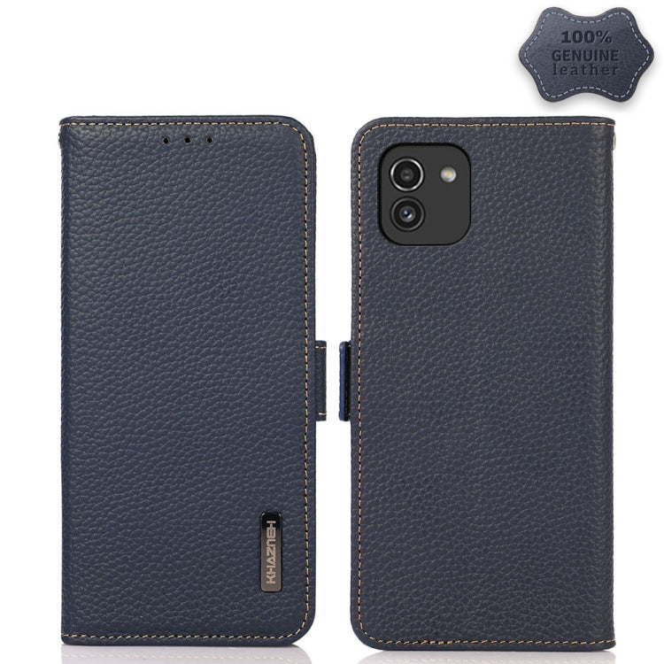KHAZNEH Side-Magnetic Litchi Genuine Leather RFID Phone Case, For Samsung Galaxy S21 Ultra 5G, For Samsung Galaxy S22+ 5G, For Samsung Galaxy S22 5G, For Samsung Galaxy S22 Ultra 5G, For Samsung Galaxy Xcover 5, For Samsung Galaxy A03 164mm Version    ...