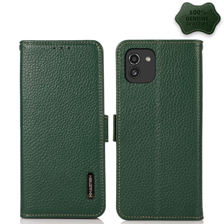 KHAZNEH Side-Magnetic Litchi Genuine Leather RFID Phone Case, For Samsung Galaxy S21 Ultra 5G, For Samsung Galaxy S22+ 5G, For Samsung Galaxy S22 5G, For Samsung Galaxy S22 Ultra 5G, For Samsung Galaxy Xcover 5, For Samsung Galaxy A03 164mm Version    ...