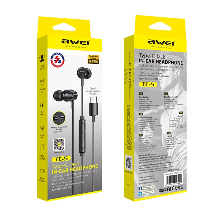 awei TC-5 Type-C / USB-C Mini Stereo In-ear Wired Earphone