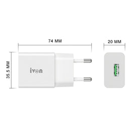 IVON AD-35 2 in 1 18W QC3.0 USB Port Travel Charger + 1m USB to 8 Pin Data Cable Set,, EU Plug, US Plug
