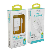 Load image into Gallery viewer, IVON AD-35 2 in 1 18W QC3.0 USB Port Travel Charger + 1m USB to 8 Pin Data Cable Set,, EU Plug, US Plug