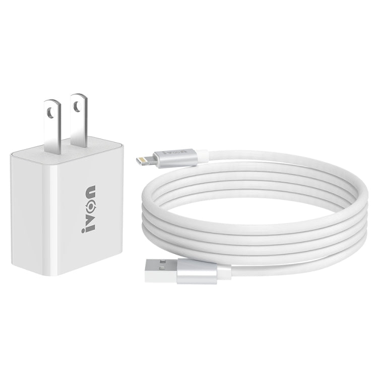 IVON AD-35 2 in 1 18W QC3.0 USB Port Travel Charger + 1m USB to 8 Pin Data Cable Set,, EU Plug, US Plug