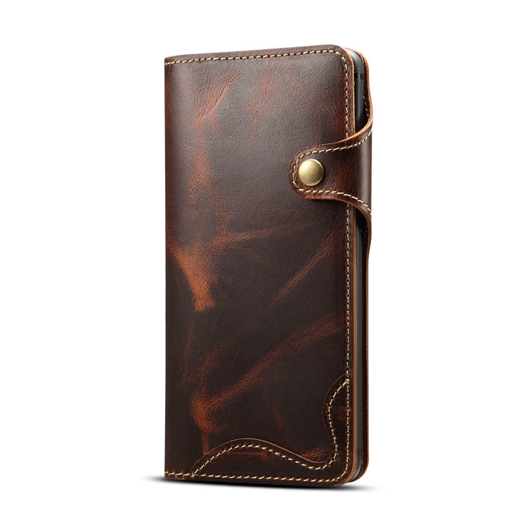 Denior Oil Wax Cowhide Magnetic Button Horizontal Flip Leather Case with Card Slots & Wallet