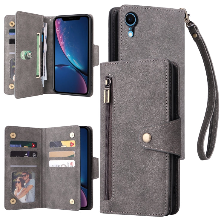 Rivet Buckle 9 Cards Three Fold Leather Phone Case, For iPhone XR, For iPhone XS Max, For iPhone 11 Pro Max, For iPhone 13 Pro, For iPhone 13 Pro Max