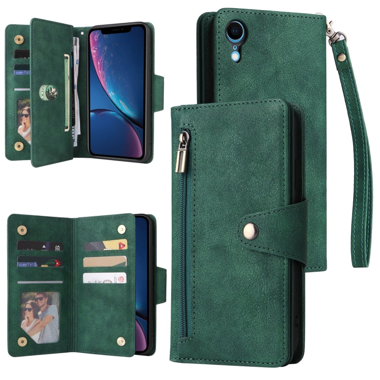 Rivet Buckle 9 Cards Three Fold Leather Phone Case, For iPhone XR, For iPhone XS Max, For iPhone 11 Pro Max, For iPhone 13 Pro, For iPhone 13 Pro Max