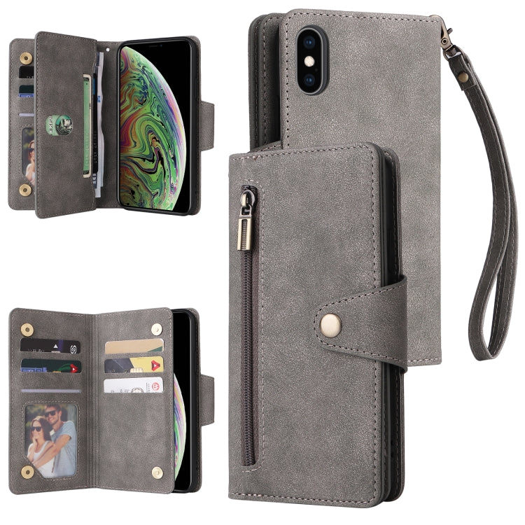Rivet Buckle 9 Cards Three Fold Leather Phone Case, For iPhone XR, For iPhone XS Max, For iPhone 11 Pro Max, For iPhone 13 Pro, For iPhone 13 Pro Max