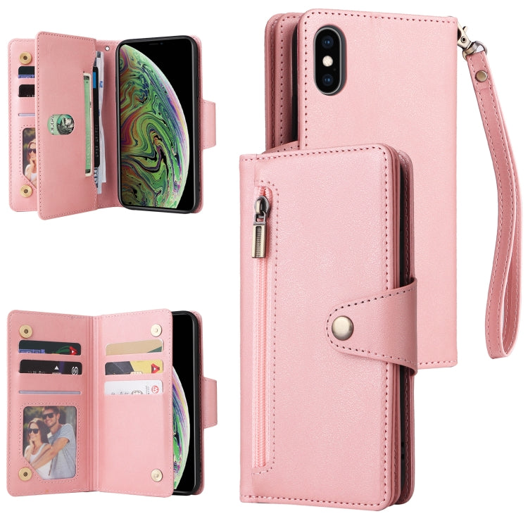 Rivet Buckle 9 Cards Three Fold Leather Phone Case, For iPhone XR, For iPhone XS Max, For iPhone 11 Pro Max, For iPhone 13 Pro, For iPhone 13 Pro Max