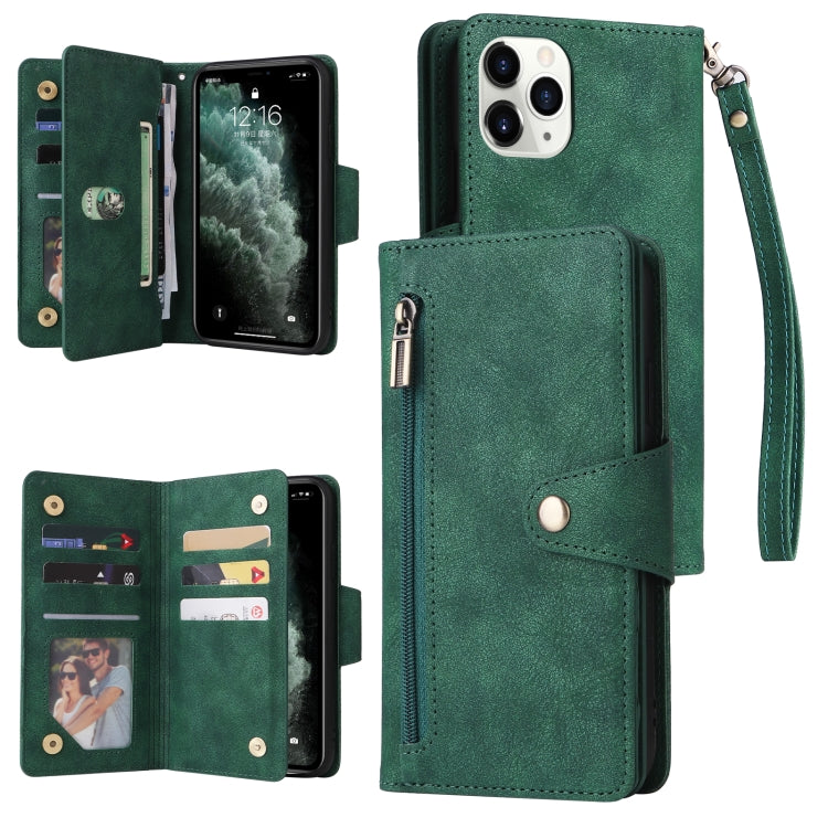 Rivet Buckle 9 Cards Three Fold Leather Phone Case, For iPhone XR, For iPhone XS Max, For iPhone 11 Pro Max, For iPhone 13 Pro, For iPhone 13 Pro Max