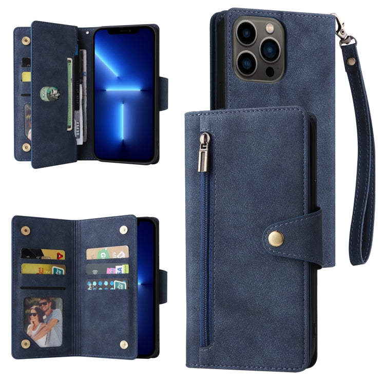 Rivet Buckle 9 Cards Three Fold Leather Phone Case, For iPhone XR, For iPhone XS Max, For iPhone 11 Pro Max, For iPhone 13 Pro, For iPhone 13 Pro Max