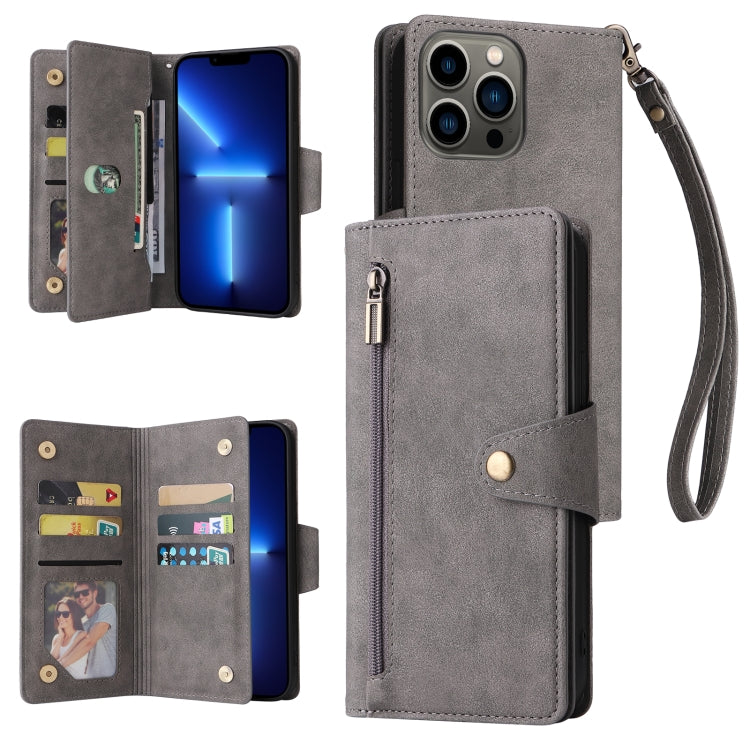 Rivet Buckle 9 Cards Three Fold Leather Phone Case, For iPhone XR, For iPhone XS Max, For iPhone 11 Pro Max, For iPhone 13 Pro, For iPhone 13 Pro Max