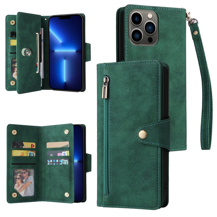 Rivet Buckle 9 Cards Three Fold Leather Phone Case, For iPhone XR, For iPhone XS Max, For iPhone 11 Pro Max, For iPhone 13 Pro, For iPhone 13 Pro Max
