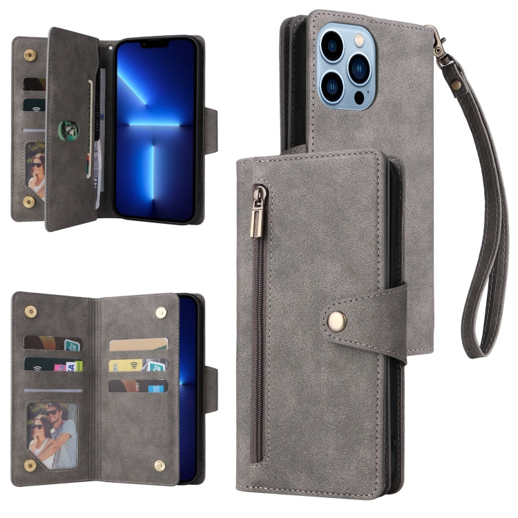 Rivet Buckle 9 Cards Three Fold Leather Phone Case, For iPhone XR, For iPhone XS Max, For iPhone 11 Pro Max, For iPhone 13 Pro, For iPhone 13 Pro Max