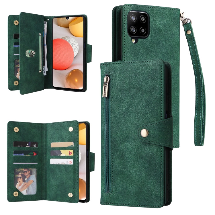 Rivet Buckle 9 Cards Three Fold Leather Phone Case, For Samsung Galaxy A40, For Samsung Galaxy A42 5G, For Samsung Galaxy A51, For Samsung Galaxy A51 5G, For Samsung Galaxy A52 5G, For Samsung Galaxy A70/A70S, For Samsung Galaxy A71                    ...