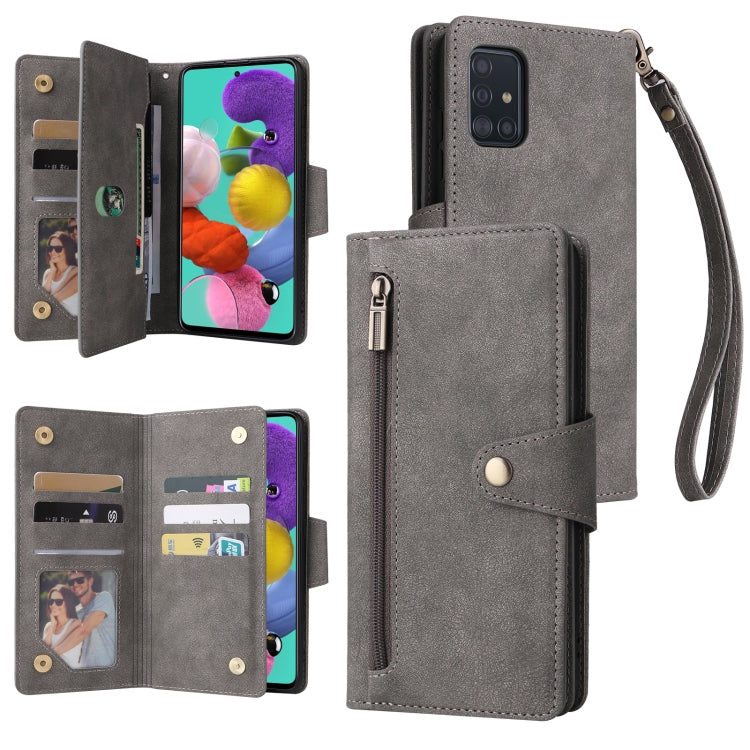 Rivet Buckle 9 Cards Three Fold Leather Phone Case, For Samsung Galaxy A40, For Samsung Galaxy A42 5G, For Samsung Galaxy A51, For Samsung Galaxy A51 5G, For Samsung Galaxy A52 5G, For Samsung Galaxy A70/A70S, For Samsung Galaxy A71                    ...