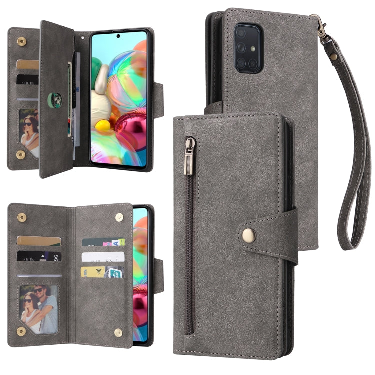 Rivet Buckle 9 Cards Three Fold Leather Phone Case, For Samsung Galaxy A40, For Samsung Galaxy A42 5G, For Samsung Galaxy A51, For Samsung Galaxy A51 5G, For Samsung Galaxy A52 5G, For Samsung Galaxy A70/A70S, For Samsung Galaxy A71                    ...