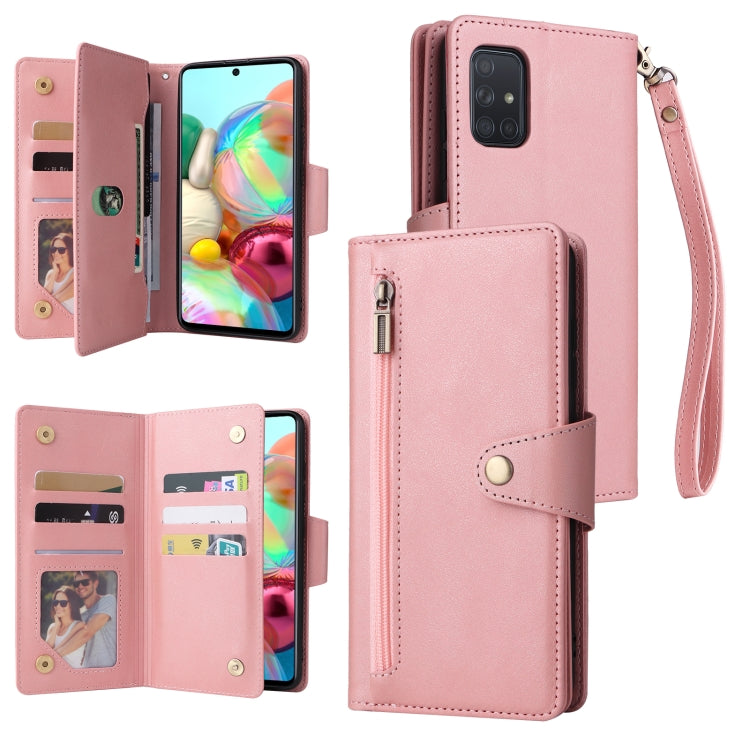 Rivet Buckle 9 Cards Three Fold Leather Phone Case, For Samsung Galaxy A40, For Samsung Galaxy A42 5G, For Samsung Galaxy A51, For Samsung Galaxy A51 5G, For Samsung Galaxy A52 5G, For Samsung Galaxy A70/A70S, For Samsung Galaxy A71                    ...