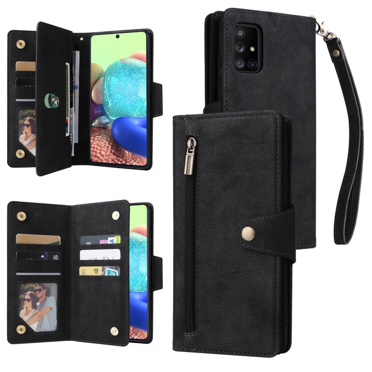 Rivet Buckle 9 Cards Three Fold Leather Phone Case, For Samsung Galaxy A40, For Samsung Galaxy A42 5G, For Samsung Galaxy A51, For Samsung Galaxy A51 5G, For Samsung Galaxy A52 5G, For Samsung Galaxy A70/A70S, For Samsung Galaxy A71                    ...
