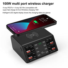 Load image into Gallery viewer, 838w 9 in 1 100W 4 PD 3.0 USB-C / Type-C + 4 QC 3.0 USB Ports Smart Digital Display Wireless Charger,, EU Plug, US Plug, UK Plug, AU Plug