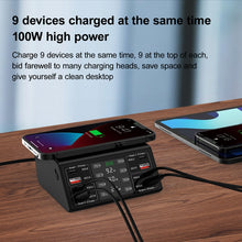 Load image into Gallery viewer, 838w 9 in 1 100W 4 PD 3.0 USB-C / Type-C + 4 QC 3.0 USB Ports Smart Digital Display Wireless Charger,, EU Plug, US Plug, UK Plug, AU Plug