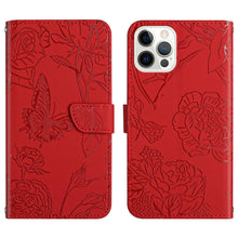 Load image into Gallery viewer, Skin Feel Butterfly Peony Embossed Leather Phone Case, For iPhone 14, For iPhone 14 Plus, For iPhone 14 Pro, For iPhone 14 Pro Max