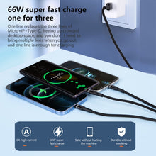 Load image into Gallery viewer, 6A 66W 3 in 1 USB to 8 Pin + Micro USB + USB-C / Type-CFast Charging Braided Data Cable, USB to 8 Pin+Micro USB+Type-C