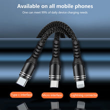 Load image into Gallery viewer, 6A 66W 3 in 1 USB to 8 Pin + Micro USB + USB-C / Type-CFast Charging Braided Data Cable, USB to 8 Pin+Micro USB+Type-C
