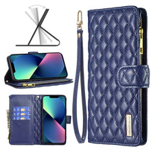 Load image into Gallery viewer, Diamond Lattice Zipper Wallet Leather Flip Phone Case, For iPhone 14, For iPhone 14 Plus, For iPhone 14 Pro, For iPhone 14 Pro Max, For iPhone 13 mini, For iPhone 13, For iPhone 13 Pro, For iPhone 13 Pro Max