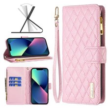 Load image into Gallery viewer, Diamond Lattice Zipper Wallet Leather Flip Phone Case, For iPhone 14, For iPhone 14 Plus, For iPhone 14 Pro, For iPhone 14 Pro Max, For iPhone 13 mini, For iPhone 13, For iPhone 13 Pro, For iPhone 13 Pro Max
