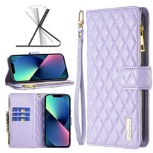 Load image into Gallery viewer, Diamond Lattice Zipper Wallet Leather Flip Phone Case, For iPhone 14, For iPhone 14 Plus, For iPhone 14 Pro, For iPhone 14 Pro Max, For iPhone 13 mini, For iPhone 13, For iPhone 13 Pro, For iPhone 13 Pro Max