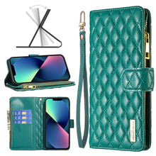 Load image into Gallery viewer, Diamond Lattice Zipper Wallet Leather Flip Phone Case, For iPhone 14, For iPhone 14 Plus, For iPhone 14 Pro, For iPhone 14 Pro Max, For iPhone 13 mini, For iPhone 13, For iPhone 13 Pro, For iPhone 13 Pro Max