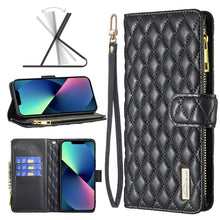Load image into Gallery viewer, Diamond Lattice Zipper Wallet Leather Flip Phone Case, For iPhone 14, For iPhone 14 Plus, For iPhone 14 Pro, For iPhone 14 Pro Max, For iPhone 13 mini, For iPhone 13, For iPhone 13 Pro, For iPhone 13 Pro Max