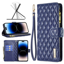 Load image into Gallery viewer, Diamond Lattice Zipper Wallet Leather Flip Phone Case, For iPhone 14, For iPhone 14 Plus, For iPhone 14 Pro, For iPhone 14 Pro Max, For iPhone 13 mini, For iPhone 13, For iPhone 13 Pro, For iPhone 13 Pro Max