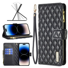 Load image into Gallery viewer, Diamond Lattice Zipper Wallet Leather Flip Phone Case, For iPhone 14, For iPhone 14 Plus, For iPhone 14 Pro, For iPhone 14 Pro Max, For iPhone 13 mini, For iPhone 13, For iPhone 13 Pro, For iPhone 13 Pro Max