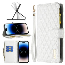 Load image into Gallery viewer, Diamond Lattice Zipper Wallet Leather Flip Phone Case, For iPhone 14, For iPhone 14 Plus, For iPhone 14 Pro, For iPhone 14 Pro Max, For iPhone 13 mini, For iPhone 13, For iPhone 13 Pro, For iPhone 13 Pro Max
