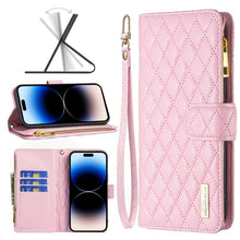 Load image into Gallery viewer, Diamond Lattice Zipper Wallet Leather Flip Phone Case, For iPhone 14, For iPhone 14 Plus, For iPhone 14 Pro, For iPhone 14 Pro Max, For iPhone 13 mini, For iPhone 13, For iPhone 13 Pro, For iPhone 13 Pro Max
