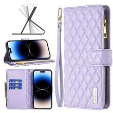 Load image into Gallery viewer, Diamond Lattice Zipper Wallet Leather Flip Phone Case, For iPhone 14, For iPhone 14 Plus, For iPhone 14 Pro, For iPhone 14 Pro Max, For iPhone 13 mini, For iPhone 13, For iPhone 13 Pro, For iPhone 13 Pro Max