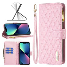 Load image into Gallery viewer, Diamond Lattice Zipper Wallet Leather Flip Phone Case, For iPhone 14, For iPhone 14 Plus, For iPhone 14 Pro, For iPhone 14 Pro Max, For iPhone 13 mini, For iPhone 13, For iPhone 13 Pro, For iPhone 13 Pro Max