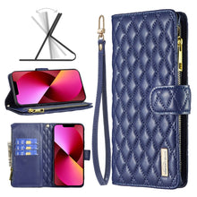 Load image into Gallery viewer, Diamond Lattice Zipper Wallet Leather Flip Phone Case, For iPhone 14, For iPhone 14 Plus, For iPhone 14 Pro, For iPhone 14 Pro Max, For iPhone 13 mini, For iPhone 13, For iPhone 13 Pro, For iPhone 13 Pro Max