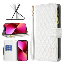 Load image into Gallery viewer, Diamond Lattice Zipper Wallet Leather Flip Phone Case, For iPhone 14, For iPhone 14 Plus, For iPhone 14 Pro, For iPhone 14 Pro Max, For iPhone 13 mini, For iPhone 13, For iPhone 13 Pro, For iPhone 13 Pro Max