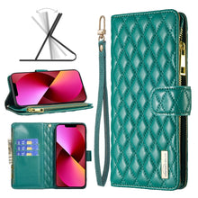 Load image into Gallery viewer, Diamond Lattice Zipper Wallet Leather Flip Phone Case, For iPhone 14, For iPhone 14 Plus, For iPhone 14 Pro, For iPhone 14 Pro Max, For iPhone 13 mini, For iPhone 13, For iPhone 13 Pro, For iPhone 13 Pro Max