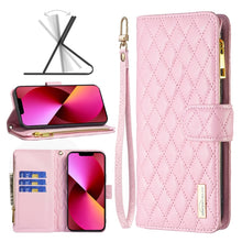 Load image into Gallery viewer, Diamond Lattice Zipper Wallet Leather Flip Phone Case, For iPhone 14, For iPhone 14 Plus, For iPhone 14 Pro, For iPhone 14 Pro Max, For iPhone 13 mini, For iPhone 13, For iPhone 13 Pro, For iPhone 13 Pro Max
