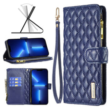 Load image into Gallery viewer, Diamond Lattice Zipper Wallet Leather Flip Phone Case, For iPhone 14, For iPhone 14 Plus, For iPhone 14 Pro, For iPhone 14 Pro Max, For iPhone 13 mini, For iPhone 13, For iPhone 13 Pro, For iPhone 13 Pro Max